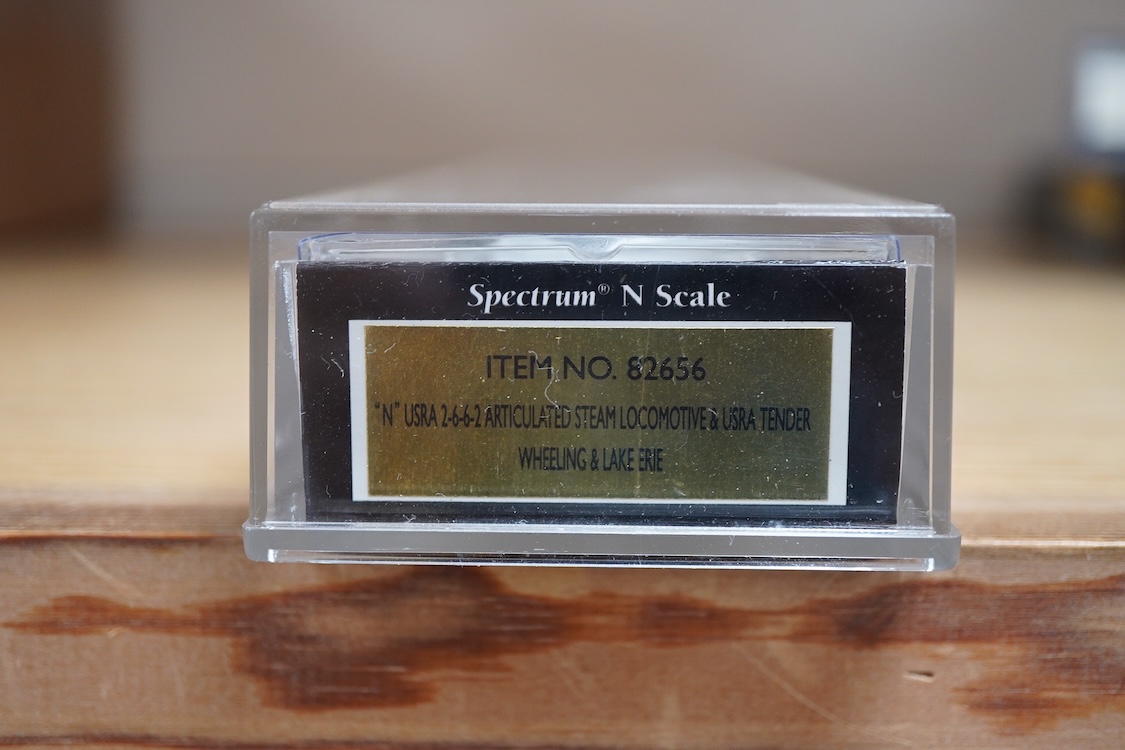 A group of N gauge railway by Graham Farish, Bachmann Spectrum, etc. mainly American outline, including seven locomotives; a W&LE 2-6-6-2 tender locomotive, 8003 (82656), a Union Pacific Co-Co diesel loco, 9202 (85052),